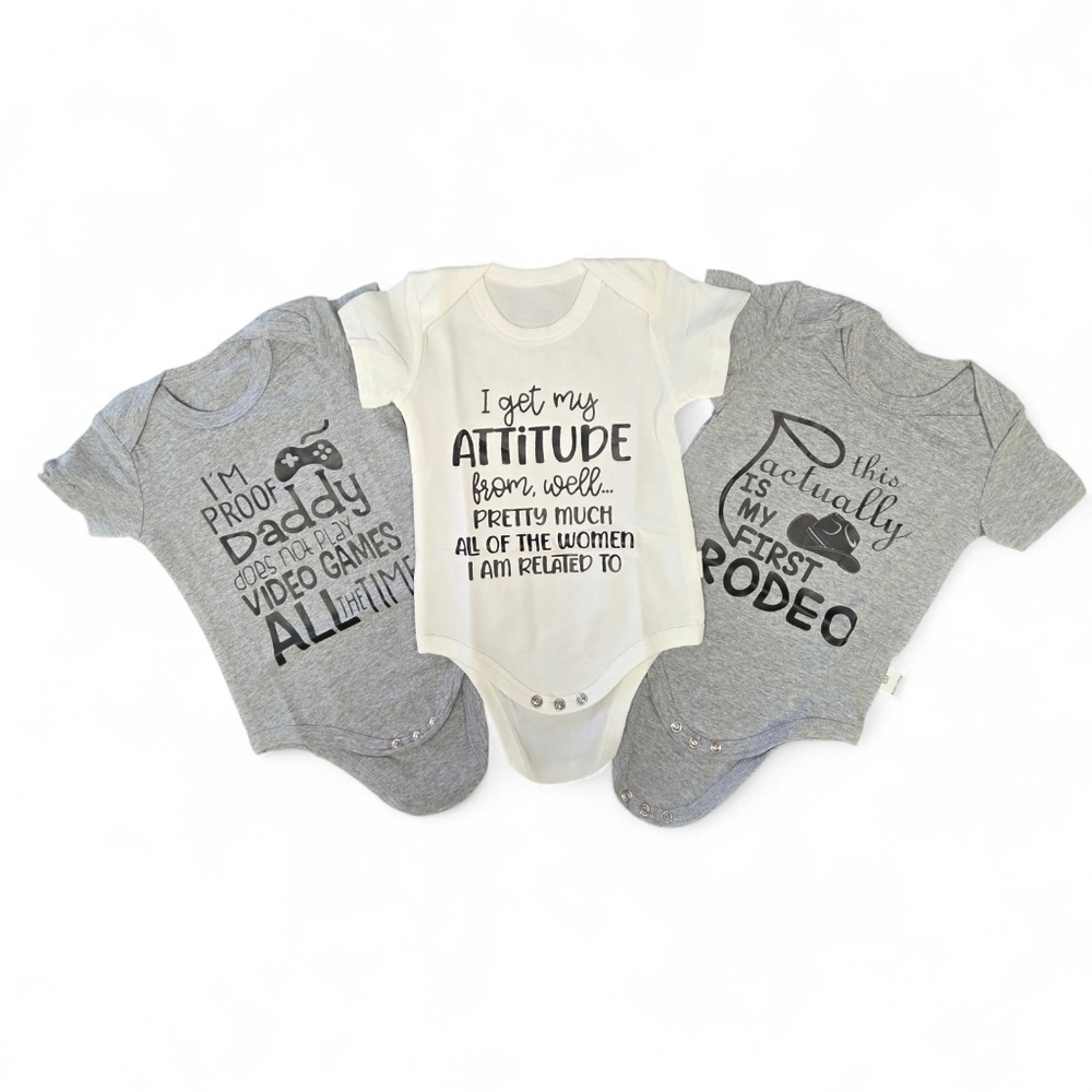 Gray and White Funny Graphic Baby Onesies 3 Piece Set, Size 6 Months